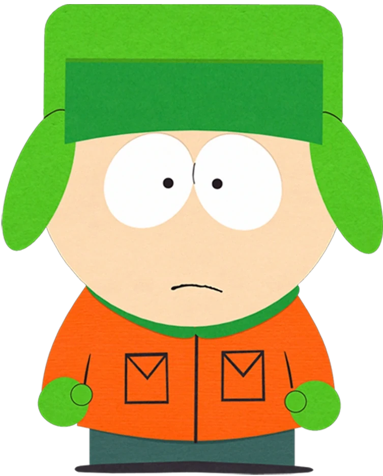 Kyle Broflovski wearing a green earflap hat and orange jacket