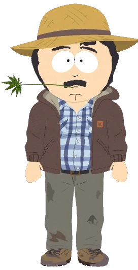 Randy Marsh in a farmer outfit with a brimmed hat, plaid shirt, and dark outer layer
