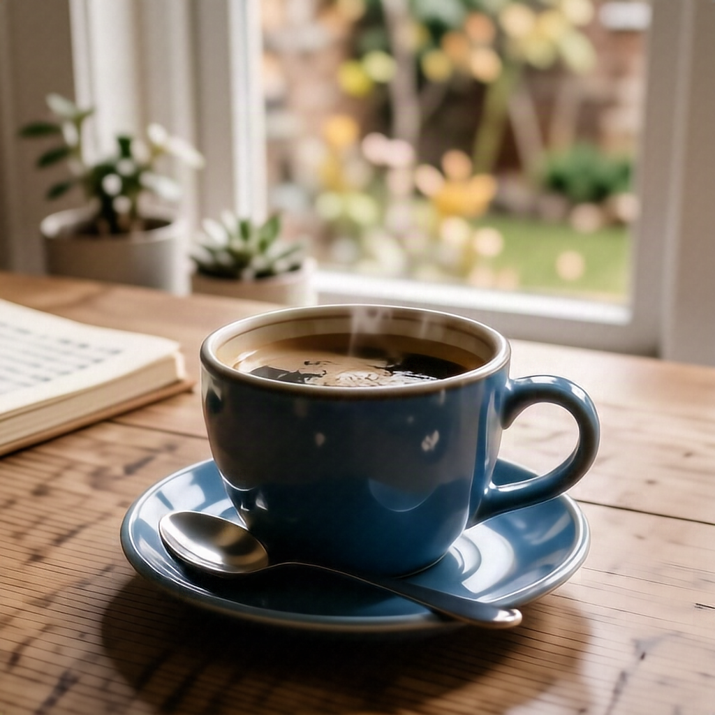 A blue ceramic coffee cup on a wooden table, soft morning light, realistic product photography, no tex