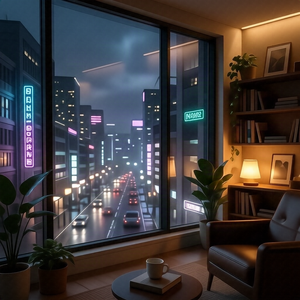 A cozy futuristic reading room overlooking a rainy neon city at night, warm amber lamps, indoor plants, cinematic photor