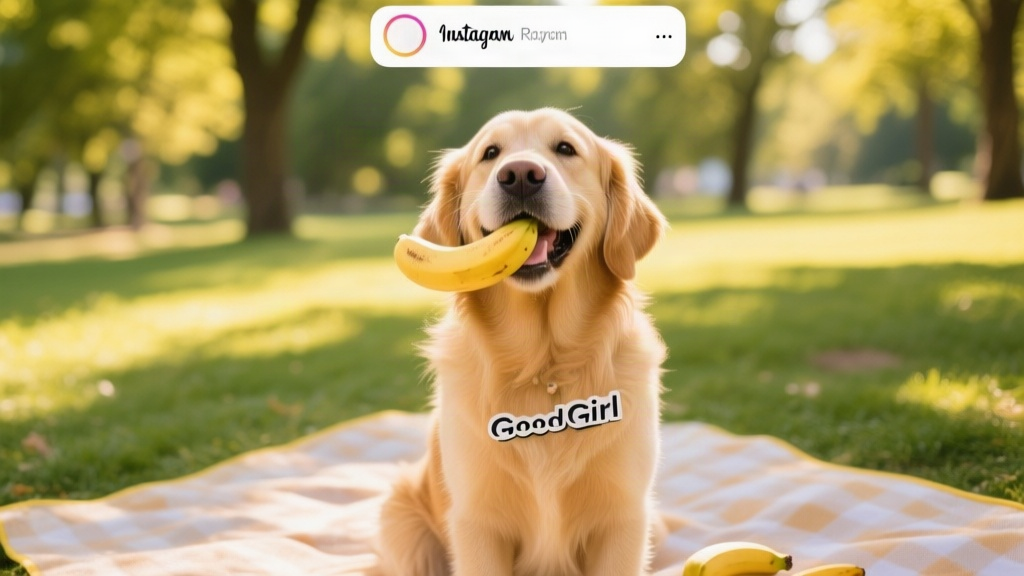 A social media image of a cheerful golden retriever labeled as a good girl, holding a banana gently in her mouth while s